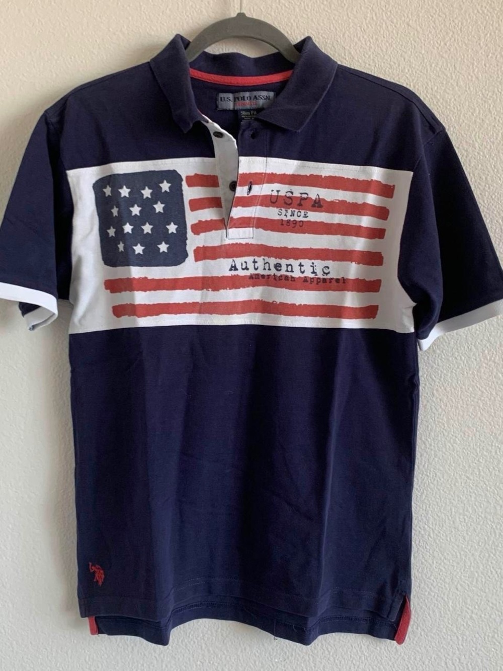 U.S. Polo Assn. Navy Polo with White Panel & Red Flag Print
